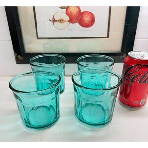 Vtg Set of 4 Luminarc 10 Panel Drinking Glass 500 Aqua/Green Made In France